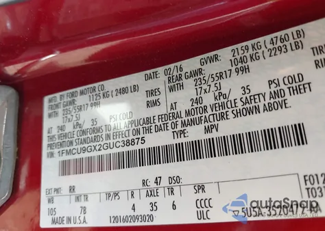 2016 Ford Escape Se z USA, uszkodzony, nr VIN 1FMCU9GX2GUC38875